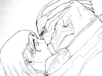 1boy 1girl alien commander_shepard commander_shepard_(female) couple garrus_vakarian greyscale kiss mass_effect_(series) monochrome tumblr turian white_background yu-chunsam