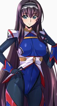 blue_eyes breasts brown_hair code_geass code_geass:_lost_stories hairband hand_on_own_hip highres long_hair looking_at_viewer maya_disel medium_breasts pilot_suit simple_background skin_tight thigh_gap thighs upper_body variant_set white_background yoo_tenchi