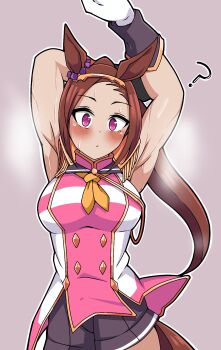 Rule 34 | 1girl, ?, absurdres, animal ears, armpits, arms up, asymmetrical gloves, bakushin o armpit gif (meme), black gloves, black shorts, blush, breasts, brown hair, commentary request, epaulettes, flower in eye, gloves, gold hairband, hairband, highres, horse ears, horse girl, horse tail, large breasts, long hair, looking at viewer, meme, mismatched gloves, neckerchief, ninja sasuke, ponytail, purple eyes, sakura bakushin o (blossom in learning) (umamusume), sakura bakushin o (umamusume), shorts, simple background, single epaulette, sleeveless, solo, sweat, symbol in eye, tail, umamusume, white gloves, yellow neckerchief