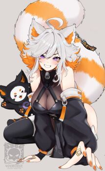 404moxxie ahoge ass black_sleeves breasts breasts_squeezed_together bridal_gauntlets cleavage demenishki ear_tag facial_mark grey_background halter_leotard halterneck highres indie_virtual_youtuber kneeling large_breasts leotard looking_at_viewer name_tag orange_hair orange_nails purple_eyes red_panda_ears red_panda_girl red_panda_tail see-through_cleavage see-through_clothes see-through_leotard short_hair smile striped_tail tail thighhighs thighs virtual_youtuber whisker_markings white_hair wide_hips