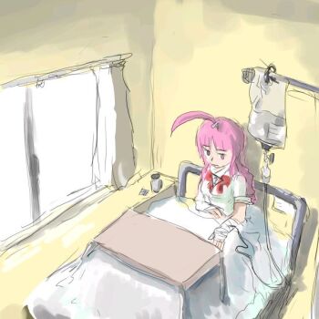 Rule 34 | 1girl, ahoge, bandages, bed, female focus, futaba channel, hospital, hospital bed, huge ahoge, indoors, intravenous drip, long hair, medical, original, pink eyes, pink hair, sitting, solo, under covers, we-tan, window