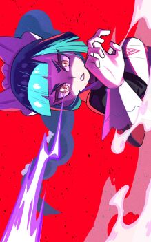 1girl black_romper blunt_bangs braid braided_ponytail breasts brown_eyes clenched_teeth commentary_request electricity green_hair highres inana_umi lebanne_(pokemon) long_braid long_hair long_sleeves looking_at_viewer maid nintendo parted_lips pokemon pokemon_legends:_z-a romper solo teeth tsurime