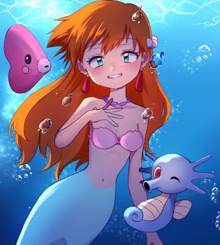 1girl air_bubble bare_arms bare_shoulders beads bikini blush breasts bubble collarbone earrings eyelashes gen_1_pokemon gen_3_pokemon green_eyes grin hair_down hand_up highres horsea jewelry long_hair looking_at_viewer luvdisc mermaid mermaid_misty_(pokemon) misty_(pokemon) monster_girl monsterification navel necklace nintendo orange_hair pokemon pokemon_(anime) pokemon_(classic_anime) seashell shell shell_bikini small_breasts smile swimsuit teeth underwater water