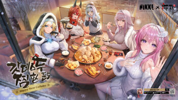 5girls absurdres artist_request bad_source black_hairband black_hood blonde_hair blue_eyes breasts coat copyright_name cross cross_facial_mark cup dorothy_(nikke) facial_mark food food_request fur-trimmed_coat fur_trim goddess_(nikke) goddess_of_victory:_nikke grey_coat grey_hair hair_ornament hairband highres holding holding_cup holding_food horns jewelry large_breasts long_hair mechanical_horns multiple_girls necklace official_art pink_hair purple_eyes rapunzel_(nikke) red_hair red_hood_(nikke) scarlet_(nikke) sitting snow_white_(innocent_days)_(nikke) snow_white_(nikke) snowflake_hair_ornament sweater table very_long_hair white_hair white_sweater winter_clothes yellow_eyes