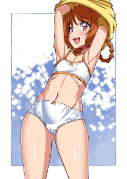 1girl armpits arms_up asortofcolorfag blush bra brown_hair cameltoe colorized delicious_party_precure eyebrows_hidden_by_hair flat_chest hair_rings hanamichi_ran highres large_variant_set looking_at_viewer medium_hair miyagoe_yoshitsuki navel open_mouth panties precure red_eyes shirt smile solo stomach underwear undressing variant_set white_bra white_panties yellow_shirt