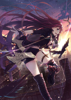 1girl bell bird black_footwear boots breasts cleavage doge feathers gloves hair_bell hair_ornament high_heel_boots high_heels highres long_hair looking_back meme money open_mouth original rooftop sack shorts thigh_boots thigh_strap thighhighs very_long_hair wait