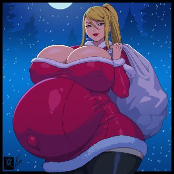 1girl absurdres big_belly blonde_hair blue_eyes breasts christmas cleavage covered_erect_nipples covered_navel curvy female_focus fungus-man highres huge_breasts lipstick long_hair looking_at_viewer makeup metroid mole mole_under_mouth nintendo ponytail pregnant samus_aran snow solo thick_thighs thighhighs thighs wide_hips