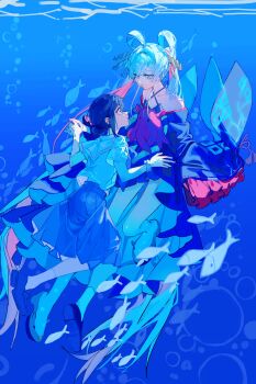 Rule 34 | 2girls, absurdres, air bubble, bare shoulders, black kimono, blue eyes, blue theme, bracelet, bubble, cho kaguya-hime!, eye contact, fish, full body, green eyes, hair bun, hair ornament, hair rings, hair stick, hashtag-only commentary, highres, holding hands, japanese clothes, jewelry, kimono, kurattes, loafers, long hair, long sleeves, looking at another, multiple girls, neckerchief, octopus, open mouth, pleated skirt, purple hair, runami yachiyo, sailor collar, sakayori iroha, school uniform, shoes, short hair, single hair bun, skirt, smile, socks, twintails, underwater, very long hair, white hair, white socks, yuri
