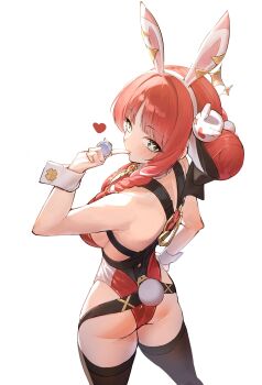 1girl absurdres animal_ear_hairband animal_ears ass bare_shoulders black_survival black_thighhighs breasts commentary_request eternal_return:_black_survival fake_animal_ears finger_to_mouth green_eyes hairband highleg highleg_leotard highres iiyo125 index_finger_raised justyna_(black_survival) justyna_(lucky_bunny)_(black_survival) korean_commentary large_breasts leotard long_hair looking_at_viewer official_alternate_costume rabbit_ear_hairband rabbit_ears rabbit_tail red_hair red_leotard solo tail thighhighs thighs white_hairband