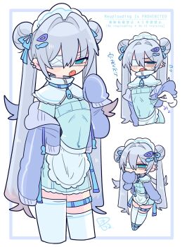 1boy :o apron asymmetrical_legwear blue_bow blue_cardigan blue_collar blue_dress blue_eyes blue_hair blue_shoes blush bow bra cardigan clothes_grab collar colored_tips commentary covered_navel covering_own_mouth cowboy_shot crossdressing crossdressing_(mtf) disembodied_hand double_bun dress earclip embarrassed eyepatch fang fish_hair_ornament flipped_hair flying_sweatdrops full_body furrowed_brow hair_between_eyes hair_bow hair_bun hair_intakes hair_ornament hand_to_own_mouth hand_up highres leaning_forward light_blush long_hair long_sleeves looking_at_viewer maid_apron male_focus medical_eyepatch microdress multicolored_hair multiple_views narrowed_eyes no_nose no_pupils off_shoulder one_eye_covered op_na_yarou open_cardigan open_clothes open_mouth original quad_tails raised_eyebrows red_hair rigel_(op_na_yarou) see-through_clothes see-through_dress shoes sidelocks simple_background sleeves_past_fingers sleeves_past_wrists standing straight_hair sweatdrop tenshi_kaiwai thigh_strap thighhighs thighs trap underwear uneven_legwear v-shaped_eyebrows very_long_hair watermark white_apron white_background white_hair white_thighhighs