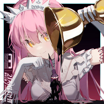 1boy 1girl breasts cu_chulainn_(fate) cu_chulainn_alter_(fate) cup elbow_gloves fate/grand_order fate_(series) gae_bolg_(fate) gloves highres holding holding_cup holding_polearm holding_weapon holy_grail_(fate) hood long_hair medb_(fate) medium_breasts mini_person miniboy muling_0v0 pink_hair polearm shirt smile tail tiara weapon white_gloves white_shirt yellow_eyes