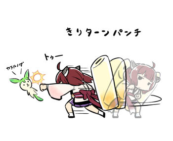 Rule 34 | 1girl, afterimage, back bow, bow, brown hair, chibi, creature, eno (abekawa hikozaemon x), full body, headgear, japanese clothes, kimono, kiritanpo (food), long sleeves, motion lines, obi, oversized food, oversized object, pleated skirt, punching, purple skirt, sash, short kimono, short twintails, simple background, skirt, solo, touhoku kiritan, translation request, twintails, utau, voiceroid, white background, white kimono, zundamon, zundamon (utau)