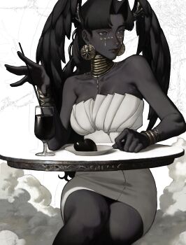 Rule 34 | 1girl, absurdres, black skin, colored skin, cowboy shot, cup, dress, drinking glass, drinking straw, head wings, highres, lapefamm, original, sitting, solo, strapless, strapless dress, table, tube dress, wings