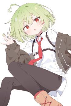 Rule 34 | 1girl, absurdres, ahoge, black choker, boots, braid, brown boots, brown jacket, brown pants, character request, choker, collared shirt, commentary request, commission, crossed bangs, flower, green hair, hair between eyes, hair flower, hair ornament, heart, heart ahoge, highres, indie virtual youtuber, jacket, jacket partially removed, long sleeves, looking at viewer, lying, necktie, on back, open clothes, open jacket, open mouth, pants, red eyes, red necktie, red socks, shirt, short hair, simple background, single braid, skeb commission, socks, solo, urotsuki (ku9625), virtual youtuber, white background, white shirt