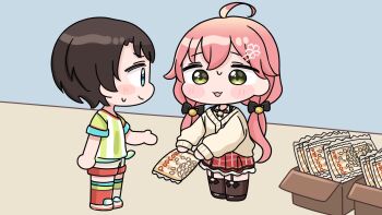 2girls ahoge asymmetrical_legwear black_bow black_shoes blue_eyes blush_stickers bow box brown_hair brown_jacket brown_thighhighs cardboard_box chibi closed_mouth collared_shirt dress_shirt garter_straps green_eyes hair_bow highres holding hololive jacket long_hair long_sleeves low_twintails mismatched_legwear mochimiko multiple_girls oozora_subaru oozora_subaru_(1st_costume) pink_hair profile puffy_long_sleeves puffy_sleeves red_skirt red_thighhighs sakura_miko shirt shoes shorts skirt small_sweatdrop standing striped_clothes striped_shirt sweat thighhighs twintails vertical-striped_clothes vertical-striped_shirt very_long_hair virtual_youtuber white_shirt white_shoes white_shorts white_thighhighs