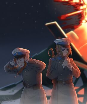 2girls absurdres artillery bags_under_eyes blonde_hair blue_eyes braid cigarette closed_eyes coat cockade fluffkaiser freckles grin hat highres holding imperial_russian_army jewelry long_hair long_sleeves military military_uniform multiple_girls night night_sky original outdoors peaked_cap red_hair ring russia russian_civil_war russian_flag saber_(weapon) short_hair sky smile smoking snow star_(sky) starry_sky sword teeth twin_braids twintails upper_teeth_only weapon wedding_ring winter_clothes winter_coat