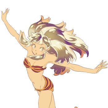 1girl 55bata6rou animal_print bikini breasts cleavage cone_horns feet_out_of_frame floating_hair fur_bikini green_eyes green_hair highres horns long_hair lum medium_breasts navel oni outstretched_arms pointy_ears print_bikini simple_background small_horns smile solo spread_arms standing strapless strapless_bikini swimsuit tiger_print urusei_yatsura white_background yellow_bikini