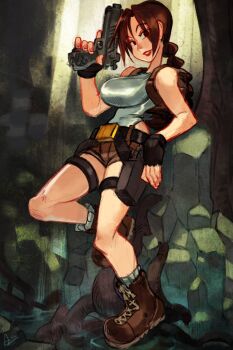 alex_ahad belt boots braid breasts brown_boots brown_eyes brown_hair brown_shorts cup gun highres holding holding_cup lara_croft large_breasts lipstick makeup parted_hair shorts socks tomb_raider weapon