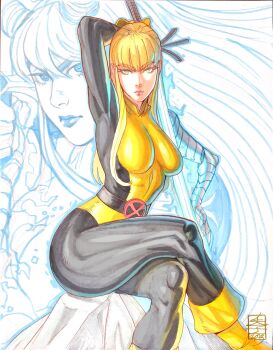 1girl acecore2k arm_up black_bodysuit blonde_hair blunt_bangs bodysuit boots breasts commentary crossed_legs english_commentary glowing glowing_sword glowing_weapon green_eyes highres holding holding_behind_back holding_sword holding_sword_behind_back holding_weapon holding_weapon_behind_back large_breasts long_hair magik_(x-men) marker_(medium) marvel multicolored_bodysuit official_alternate_costume pen_(medium) pinup_(style) sitting solo superhero_costume sword traditional_media two-tone_bodysuit weapon white_background x-men yellow_bodysuit yellow_boots