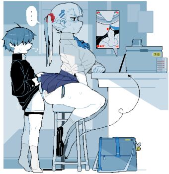 ... 1boy 1girl age_difference anal blush breasts cellphone chair dizzyspells indoors large_breasts nervous nervous_sweating onee-shota original phone pixel_art recording school_uniform sex shota sitting smartphone standing sweat sweatdrop tall_female twintails video_call x-ray