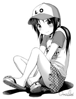 1girl baseball_cap blush commentary_request flat_chest full_body greyscale hat long_hair looking_at_viewer monochrome original panties quzilax sandals shirt simple_background skirt smile solo t-shirt twintails underwear