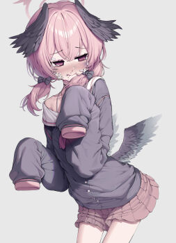 1girl black_wings blood blue_archive blush commentary crying crying_with_eyes_open feathered_wings gauze gauze_on_cheek halo head_wings highres koharu_(blue_archive) metaljelly pink_eyes pink_hair simple_background skirt sleeves_past_fingers sleeves_past_wrists solo symbol-only_commentary tears twintails wings