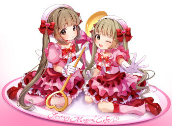2girls :o ;d beret bow bowtie brooch brown_eyes brown_hair choker commentary_request dress frilled_dress frills full_body gloves green_eyes green_hair hair_bow hair_ornament hat heart heart_brooch heart_hair_ornament holding holding_spoon idolmaster idolmaster_cinderella_girls jewelry leg_warmers long_hair looking_at_viewer mini_person minigirl multiple_girls on_plate one_eye_closed open_hand open_mouth outstretched_arm pink_choker pink_dress pink_hat pink_leg_warmers puffy_short_sleeves puffy_sleeves red_bow red_bowtie red_shoes shoes short_sleeves simple_background sitting smile spoon twintails two-tone_hat very_long_hair white_background white_gloves white_hat yokoyama_chika yorita_yoshino zero7shi