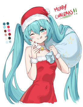 1girl bib_(bibboss39) blue_eyes blue_hair blush breasts choker christmas color_guide commentary covered_navel cropped_torso dress english_commentary fur-trimmed_dress fur_choker fur_trim fur_wrist_cuffs half-closed_eyes hat hatsune_miku highres holding holding_sack index_finger_raised licking_lips long_hair looking_at_viewer merry_christmas nail_polish one_eye_closed sack santa_costume santa_dress santa_hat skin_tight small_breasts smile solo star_(symbol) star_choker strapless strapless_dress tongue tongue_out twintails very_long_hair vocaloid wrist_cuffs