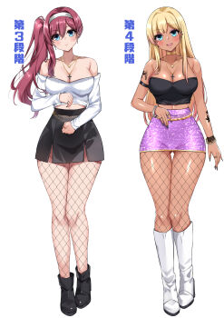 1girl ankle_boots arm_strap arm_tattoo armband bare_shoulders bimbofication black_footwear black_pantyhose black_skirt black_tube_top blonde_hair blue_eyes blush boots bracelet breasts chain_belt choker cleavage clenched_hand collar collarbone cropped_shirt cross cross_earrings cross_necklace curvy dark-skinned_female dark_skin earrings ears eyebrows eyeshadow face_piercing fishnet_pantyhose fishnets full_body gluteal_fold gold_choker grey_hairband grey_nails gyaru hairband head_tilt headband high-waist_skirt high_heels highres idolmaster idolmaster_cinderella_girls jewelry knee_boots kuroko_(user_jtty5588) legs legs_together linea_alba lip_piercing lips long_hair long_sleeves looking_at_viewer makeup miniskirt multiple_rings nail_polish necklace no_bra nose_piercing off-shoulder_shirt off_shoulder onee_gyaru pantyhose piercing pigeon-toed pink_eyeshadow pink_skirt purple_eyeshadow purple_skirt red_eyeshadow red_hair ring sagisawa_fumika shiny_skin shirt side_ponytail simple_background skirt sleeveless smile standing star_(symbol) star_tattoo strapless tan tattoo teeth thigh_gap tongue_piercing tube_top upper_teeth_only very_long_hair white_background white_footwear white_shirt wide_hips