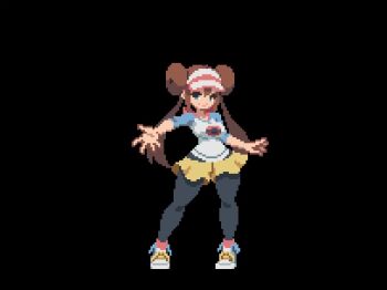 Rule 34 | 1girl, animated, animated gif, black background, bouncing breasts, breasts, brown hair, female focus, hair bun, large breasts, long hair, looking at viewer, nintendo, one eye closed, open mouth, pixel art, pokemon, pokemon bw2, rosa (pokemon), salute, sesuji07, shirt, shoes, smile, solo, standing, thick thighs, thighs, twintails, v, w arms, white shirt, white shoes, wide hips, wink