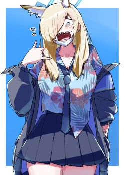 1girl animal_ear_fluff animal_ears armband blonde_hair blue_archive blue_armband blue_eyes blue_halo blue_shirt breasts commentary_request cosplay dog_ears dog_girl floral_print_shirt hair_over_one_eye halo hawaiian_shirt highres jacket kanna_(blue_archive) konoka_(blue_archive) konoka_(blue_archive)_(cosplay) large_breasts long_hair mask mask_pull meetnox mouth_mask necktie purple_armband shirt surgical_mask teeth