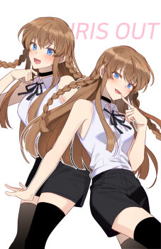 1girl bare_arms black_choker black_ribbon black_shorts black_thighhighs blue_eyes blunt_ends blush braid breasts brown_hair chainsaw_man chapuding choker collared_shirt commentary cosplay finger_to_mouth hand_up highres idolmaster idolmaster_million_live! iris_out_(song) kousaka_umi long_hair long_sidelocks looking_at_viewer medium_breasts multiple_views neck_ribbon open_mouth reze_(chainsaw_man) reze_(chainsaw_man)_(cosplay) ribbon shirt shorts sidelocks simple_background sleeveless sleeveless_shirt smile thighhighs twin_braids ueda_reina voice_actor_connection white_background white_shirt