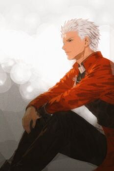 1boy archer_(fate) armor black_pants breastplate coat commentary_request dark-skinned_male dark_skin eiqdvyixegxn9cx fate/stay_night fate_(series) male_focus pants red_coat solo spiked_hair white_hair