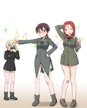 3girls black_boots black_jacket blonde_hair blue_eyes blush boots braid brown_eyes brown_hair camera embarrassed erica_hartmann full_body gertrud_barkhorn green_jacket hand_on_own_hip highres jacket kaneko_(novram58) long_hair looking_at_viewer military_uniform minna-dietlinde_wilcke multiple_girls no_pants one_eye_closed open_mouth red_eyes shoes short_hair single_braid source_request standing strike_witches sweat twin_braids white_background world_witches_series