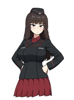 Rule 34 | 1girl, breasts, brown eyes, brown hair, buttons, cocktiel77, cropped legs, double-breasted, garrison cap, girls und panzer, hat, kuromorimine military uniform, large breasts, long hair, long sleeves, looking at viewer, nishizumi shiho, pleated skirt, red skirt, simple background, skirt, solo, white background