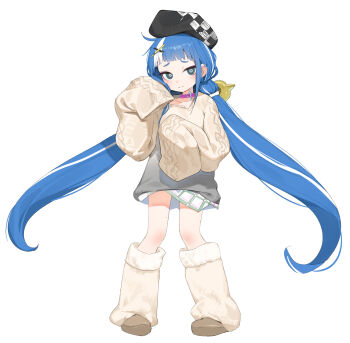 Rule 34 | 1girl, absurdres, black hat, blue hair, brown shoes, brown sweater, checkered hat, closed mouth, collar, collarbone, commentary request, full body, grey skirt, hair ornament, hairclip, hands up, hat, highres, long hair, long sleeves, looking at viewer, loose socks, low twintails, multicolored hair, original, pink collar, puffy long sleeves, puffy sleeves, romana, shoes, short eyebrows, simple background, skirt, sleeves past fingers, sleeves past wrists, socks, solo, standing, streaked hair, sweater, thick eyebrows, twintails, very long hair, white background, white hair, white socks, x hair ornament