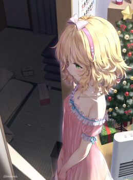 1girl alarm_clock arched_back armpit_crease artist_name bedroom blonde_hair blue_bow blue_ribbon blush bow bow_hairband box breasts calendar_(object) charger christmas christmas_ornaments christmas_present christmas_tree clock collarbone curly_hair curtains dark dress frilled_dress frills from_side gift green_eyes hair_bow hairband heart heater highres idolmaster imminent_penetration indoors jewelry loli matanonki medium_hair navel necklace no_bra no_panties off_shoulder pale_skin pendant pink_bow pink_dress pink_hairband ribbon sakurai_momoka see-through_clothes see-through_dress small_breasts smile standing star tissue_box trash_can tree twitter_username used_tissue variant_set