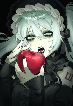 apple aqua_eyes aqua_hair black_bow black_lips black_nails bow commentary english_commentary fangs fingernails food fruit gothic_lolita hair_between_eyes hairband hatsune_miku highres holding holding_food holding_fruit lolita_fashion lolita_hairband looking_at_food nail_polish number_tattoo open_mouth pale_skin shoulder_tattoo sleeves_past_wrists spot_color tattoo twintails untranslatable_commentary vocaloid yumio_art