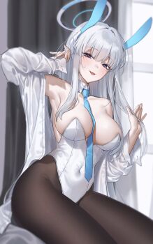1girl animal_ears between_breasts blue_archive blue_necktie breasts closed_mouth commentary_request detached_collar halo highres large_breasts leotard long_hair looking_at_viewer mechanical_halo necktie noa_(blue_archive) pantyhose playboy_bunny purple_eyes rabbit_ears raki_kr smile solo thighhighs tongue tongue_out