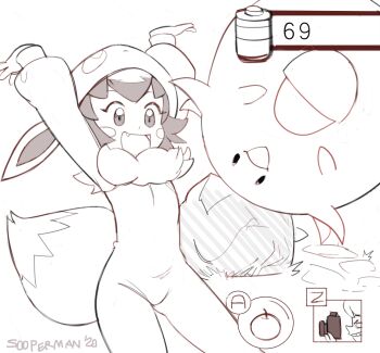 1boy 1girl 2020 animal_ears animal_hat arms_up artist_name blush_stickers camera chansey commission cosplay cowboy_shot eevee eevee_(cosplay) eevee_ears eevee_tail feet_out_of_frame gameplay_mechanics gen_1_pokemon hat highres loli monochrome nintendo open_mouth poke_kid_(pokemon) pokemon pokemon_(creature) pokemon_snap pokemon_swsh short_hair smile solo_focus sooperman standing thighs