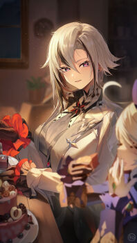 absurdres arlecchino_(genshin_impact) black_eyes black_hair black_hands blue_gemstone blue_hat blue_jacket cake coat colored_extremities eating fingernail_gloves food furina_(genshin_impact) gem genshin_impact hat highres jacket matsuo_ringo multicolored_hair red_pupils streaked_hair symbol-shaped_pupils two-tone_hair white_hair x-shaped_pupils