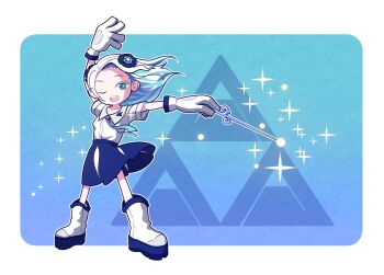 :o aqua_eyes arm_up blue_background blue_skirt boots colored_eyelashes commentary_request full_body gloves haneuzu_miuneru holding holding_wand legs_apart long_hair long_skirt neck_ribbon one_eye_closed onpa_(onpa_sound) outline pleated_skirt ribbon shirt short_sleeves simple_background skirt standing teeth upper_teeth_only virtual_youtuber voms wand white_boots white_gloves white_hair white_outline white_shirt