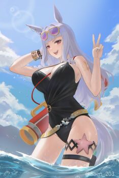 1girl absurdres anchor_tattoo animal_ears arm_tattoo black_one-piece_swimsuit blue_sky blunt_bangs bracelet breasts casual_one-piece_swimsuit cleavage cloud ear_ornament eyewear_on_head gold_ship_(run_revolt_launcher)_(umamusume) gold_ship_(umamusume) grey_hair highres horse_ears horse_girl horse_tail jewelry large_breasts long_hair looking_at_viewer ocean official_alternate_costume one-piece_swimsuit open_mouth outdoors purple-tinted_eyewear purple_eyes saeshimi sky smile solo starfish sunglasses swimsuit tail tattoo teeth thigh_strap tinted_eyewear umamusume upper_teeth_only v water water_drop water_gun wet yellow-framed_eyewear