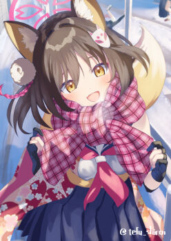 2girls animal_ear_fluff animal_ears blue_archive blue_gloves blue_skirt blush brown_hair commentary_request fallen_down fang floral_print floral_print_kimono fox_ears fox_girl fox_mask fox_tail gloves hair_ornament halo highres izuna_(blue_archive) japanese_clothes kimono mask mask_on_head multiple_girls neckerchief one_side_up open_mouth outdoors partially_fingerless_gloves pink_halo pink_neckerchief pink_scarf pleated_skirt print_kimono red_kimono sash scarf shiroitefu shirt skin_fang skirt sleeveless sleeveless_shirt snow tail white_shirt yellow_eyes yellow_sash