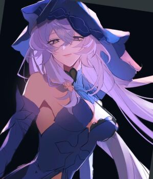 Rule 34 | 1girl, black background, black swan (honkai: star rail), breasts, detached sleeves, dress, highres, honkai: star rail, honkai (series), long hair, long sleeves, looking at viewer, purple dress, purple eyes, purple hair, purple veil, shino (moi 0142), solo, strapless, strapless dress, veil, yellow eyes