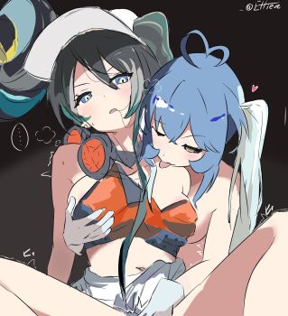 2girls blue_eyes blue_hair commentary_request duel_monster ellieve_vga gloves grabbing_another's_breast groping hair_between_eyes highres implied_fingering kewl_tune_back_2_back kewl_tune_cue kewl_tune_reco leaking multicolored_hair multiple_girls navel spread_legs twintails twitter_username white_gloves white_hair yu-gi-oh! yuri