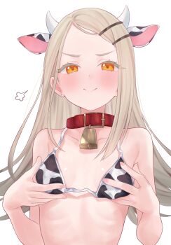 1girl absurdres animal_ears animal_print bell bikini blonde_hair blush breasts closed_mouth collar colored_eyelashes commentary_request cow_ears cow_horns cow_print cow_print_bikini cowbell fake_animal_ears fake_horns gakuen_idolmaster genmai_komeko hair_ornament hairclip highres horns idolmaster long_hair looking_at_viewer neck_bell orange_eyes print_bikini puff_of_air red_collar shadow shinosawa_hiro simple_background small_breasts smile solo swimsuit upper_body white_background