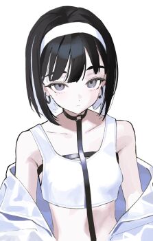 1girl bare_shoulders black_choker black_hair breasts choker choppy_bangs colored_inner_hair commentary earrings from_above grey_eyes hairband highres hoop_earrings jacket jacket_partially_removed jewelry leash looking_at_viewer multicolored_hair original short_hair simple_background siotanikun skinny small_breasts solo standing tank_top two-tone_hair upper_body white_background white_hair white_hairband white_jacket white_tank_top