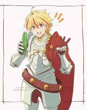 1boy ahoge blonde_hair bottle braid cape commentary_request fate/strange_fake fate_(series) gauntlets hair_over_shoulder highres holding holding_bottle looking_at_viewer male_focus multicolored_hair nekota_(ta_neko0) open_mouth red_cape red_eyes red_hair richard_i_(fate) side_cape simple_background single_braid solo streaked_hair v watermark white_background