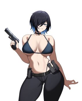 1girl belt bikini bikini_top_only black_belt black_bikini black_choker black_hair black_pants blue_eyes blue_hair breasts cero_(last2stage) choker commentary commission english_commentary eyelashes fingernails glock gun hair_over_one_eye handgun highres holding holding_gun holding_weapon large_breasts multicolored_hair navel original pants short_hair simple_background smile solo stomach strike_industries_strike100 swimsuit two-tone_hair weapon white_background